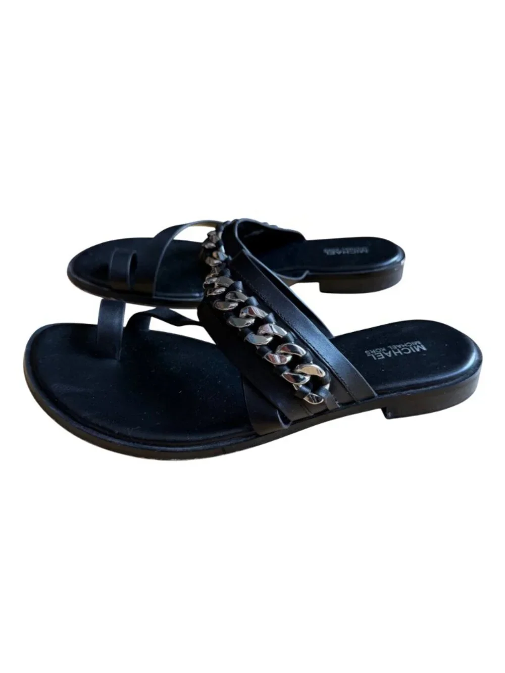 Michael Kors Bergen Women's Flat Slide Sandals 8.5 Black Leather Silver Chain
